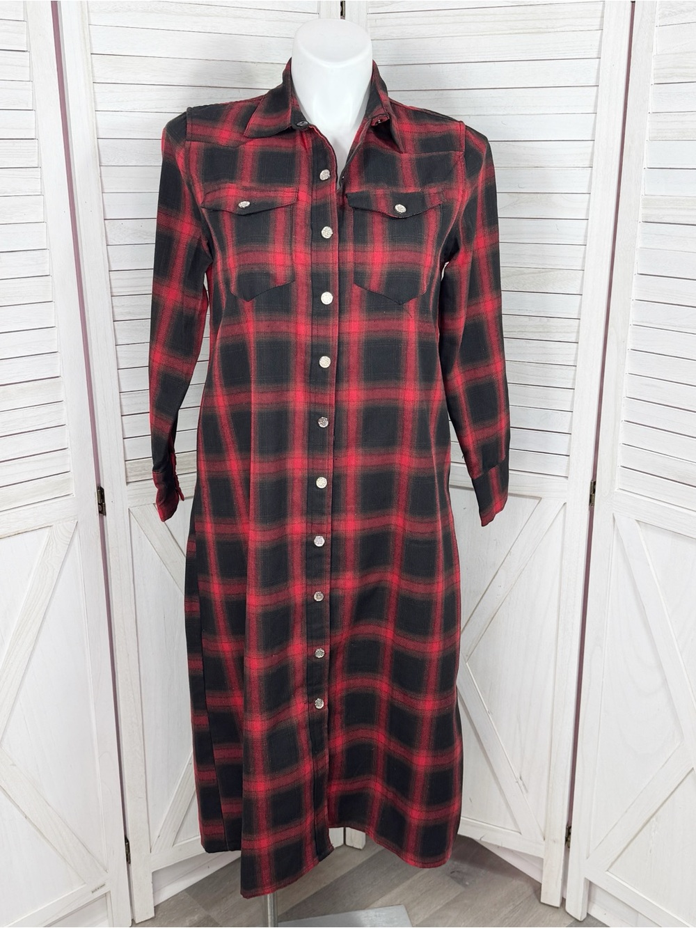 L&S Plaid Snap Front Midi Duster Shirt Dress Shacket Red Black XL Western Boho